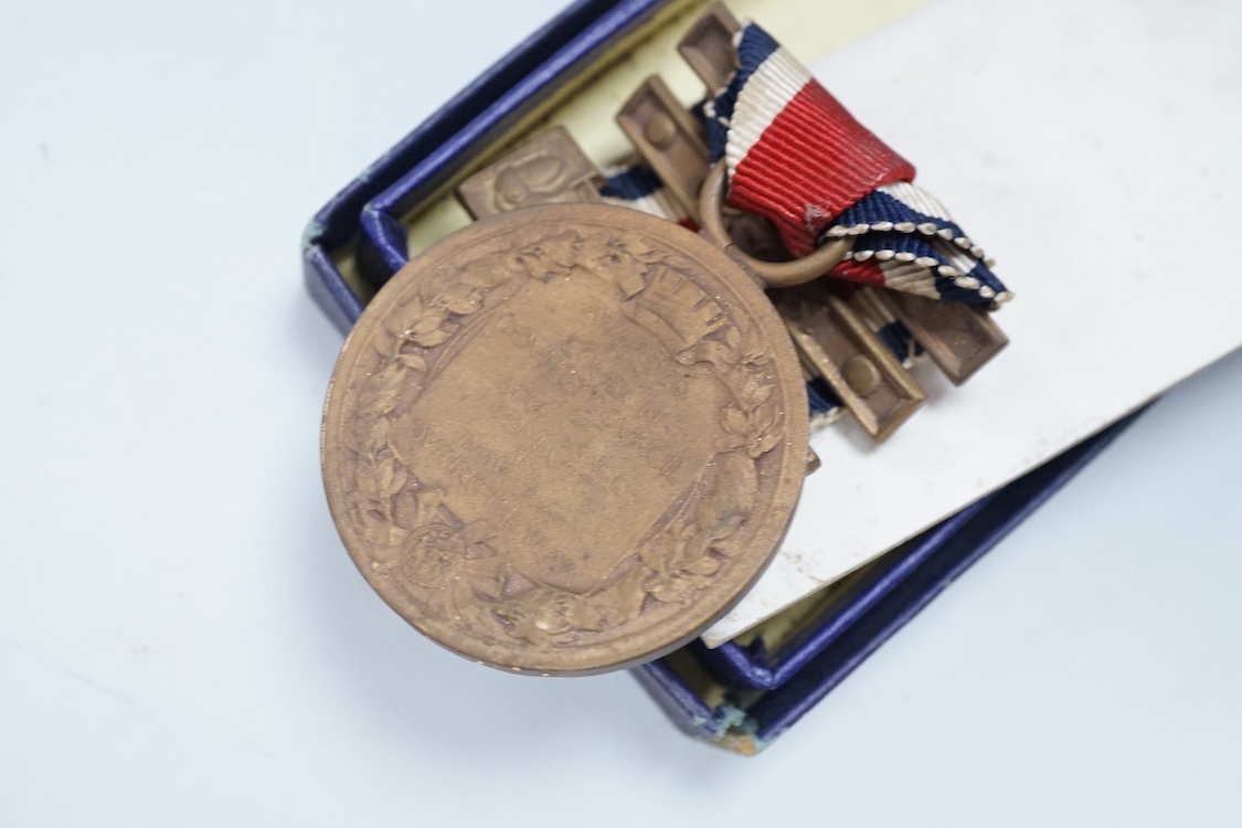 A First World War medal group awarded to 16507 GNR. W.H. Meadows. R.G.A., comprising the medal trio together with the London Fire Brigade 1911 Coronation Medal, plus a London County Council King’s Medal with a clasp for